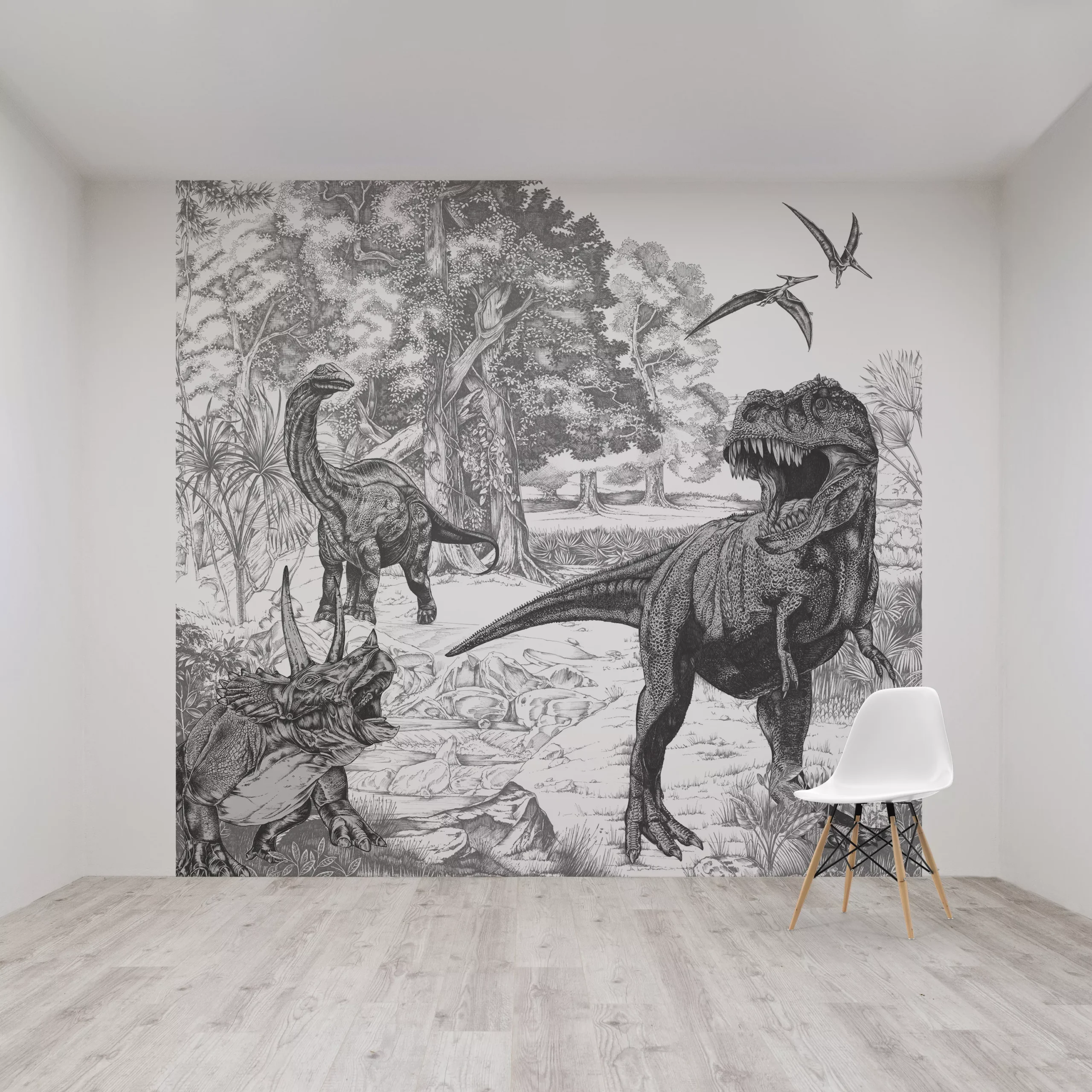 Art For The Home Black & White Sketched Dinosaur Matt Mural 4 Art For The Home Black & White Sketched Dinosaur Matt Mural - Image 2