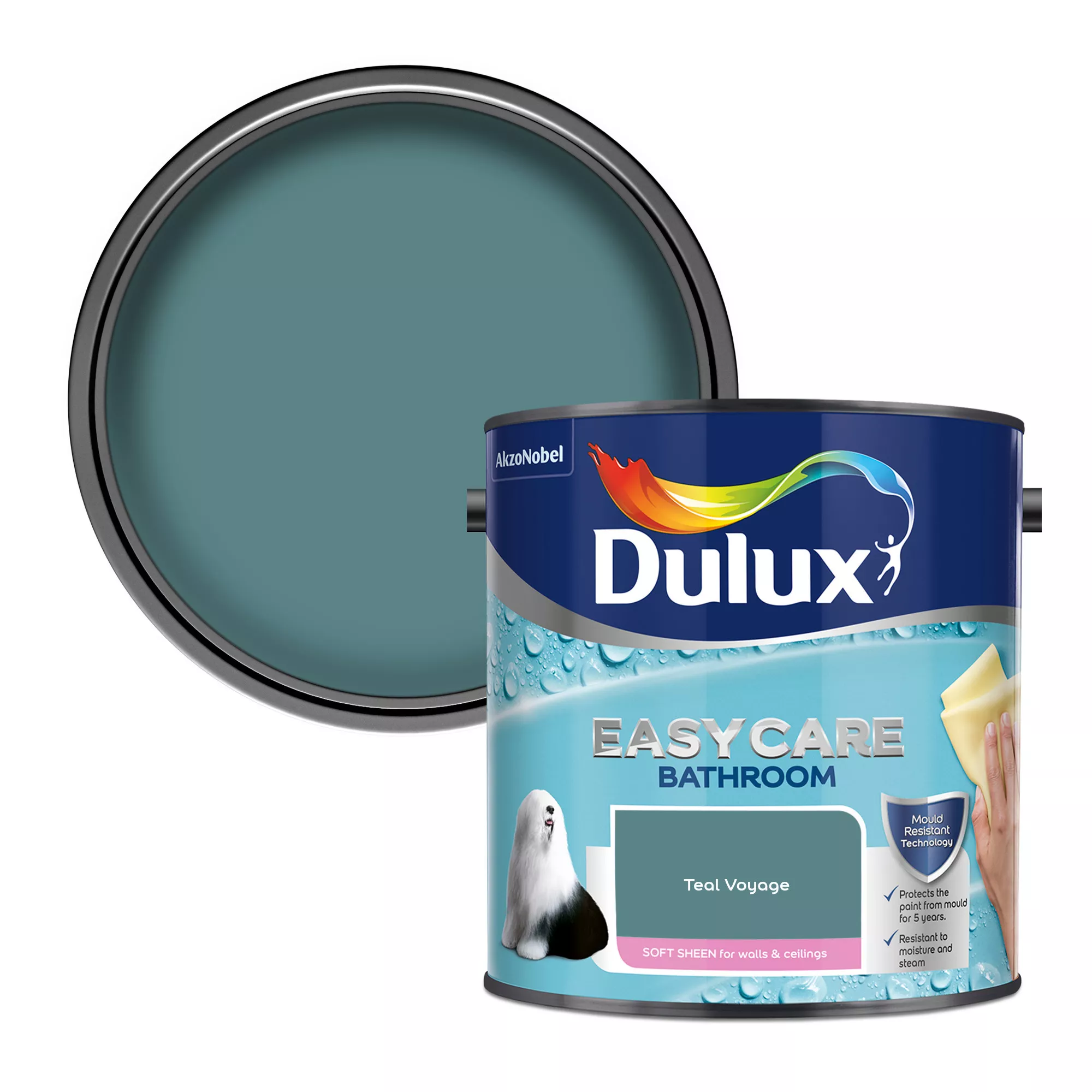 Dulux Easycare Bathroom Teal Voyage Soft Sheen Wall Paint, 2.5L 3 Dulux Easycare Bathroom Teal Voyage Soft Sheen Wall Paint, 2.5L