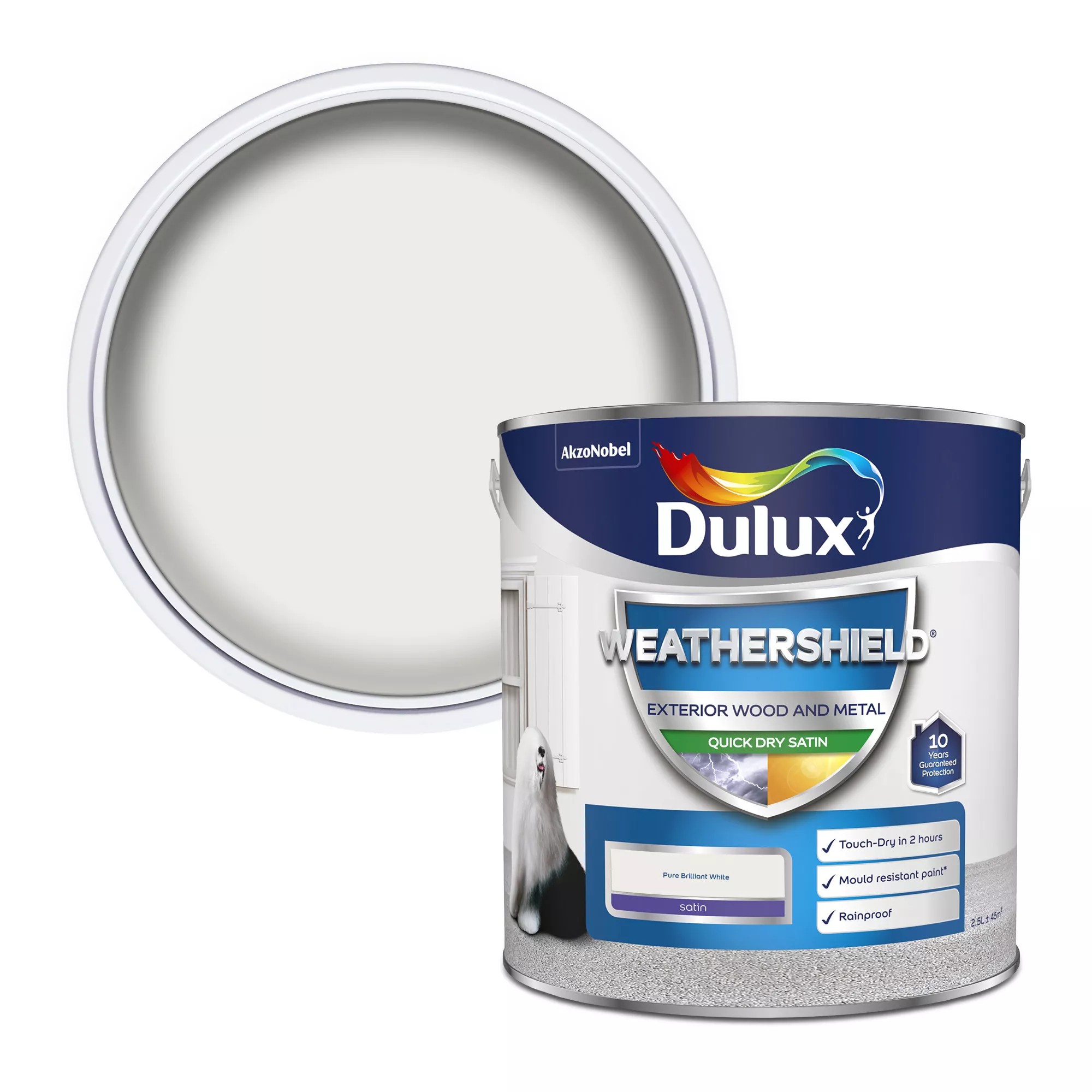 Dulux Weathershield Pure Brilliant White Satinwood Exterior Metal & Wood Paint, 2.5L 3 Dulux Weathershield Pure Brilliant White Satinwood Exterior Metal & Wood Paint, 2.5L