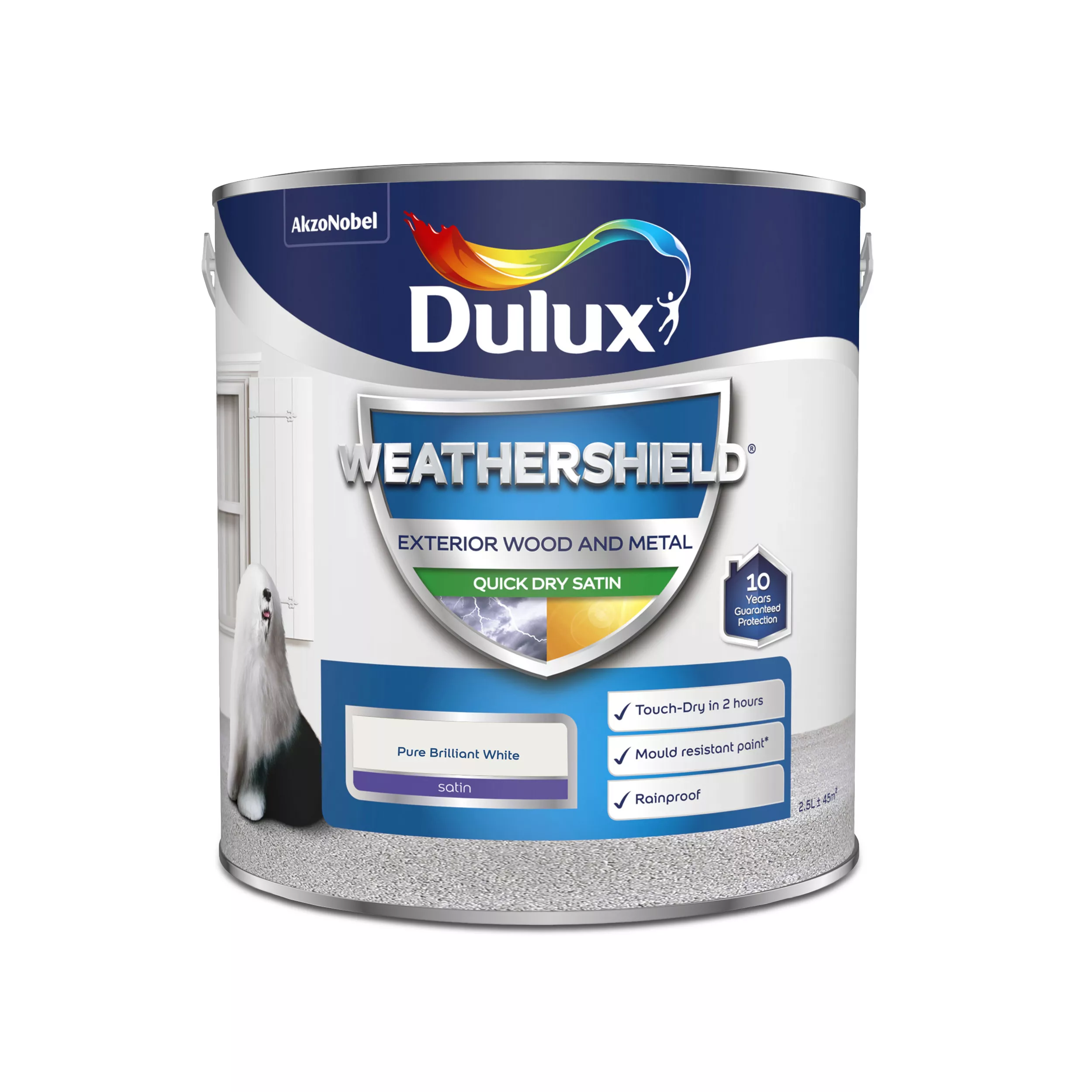 Dulux Weathershield Pure Brilliant White Satinwood Exterior Metal & Wood Paint, 2.5L 4 Dulux Weathershield Pure Brilliant White Satinwood Exterior Metal & Wood Paint, 2.5L - Image 2