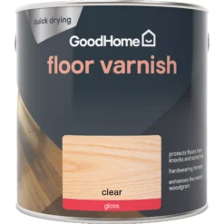GoodHome Clear Gloss Floor Wood Varnish, 2.5L -Hammerite Store goodhome clear gloss floor wood varnish 2 5l5059340486949 02c