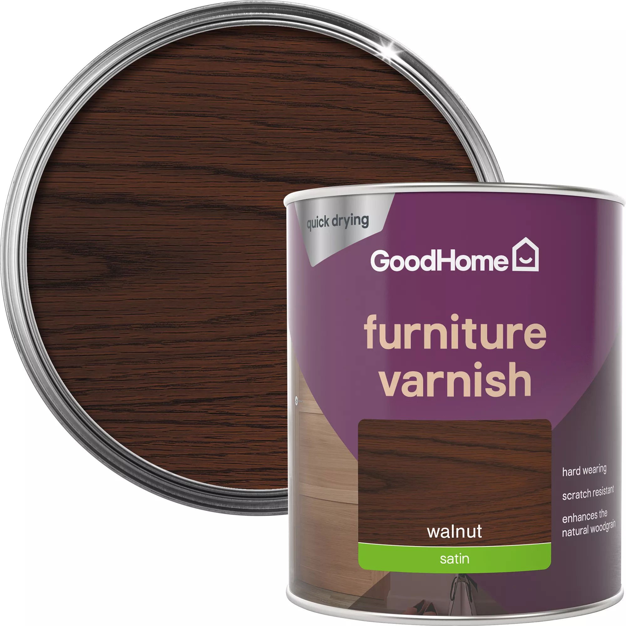 GoodHome Walnut Satin Multi-surface Furniture Wood Varnish, 750ml 3 GoodHome Walnut Satin Multi-surface Furniture Wood Varnish, 750ml