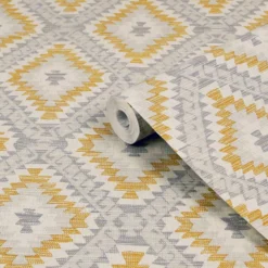 Superfresco Easy Grey & Yellow Geometric Woven Effect Textured Wallpaper