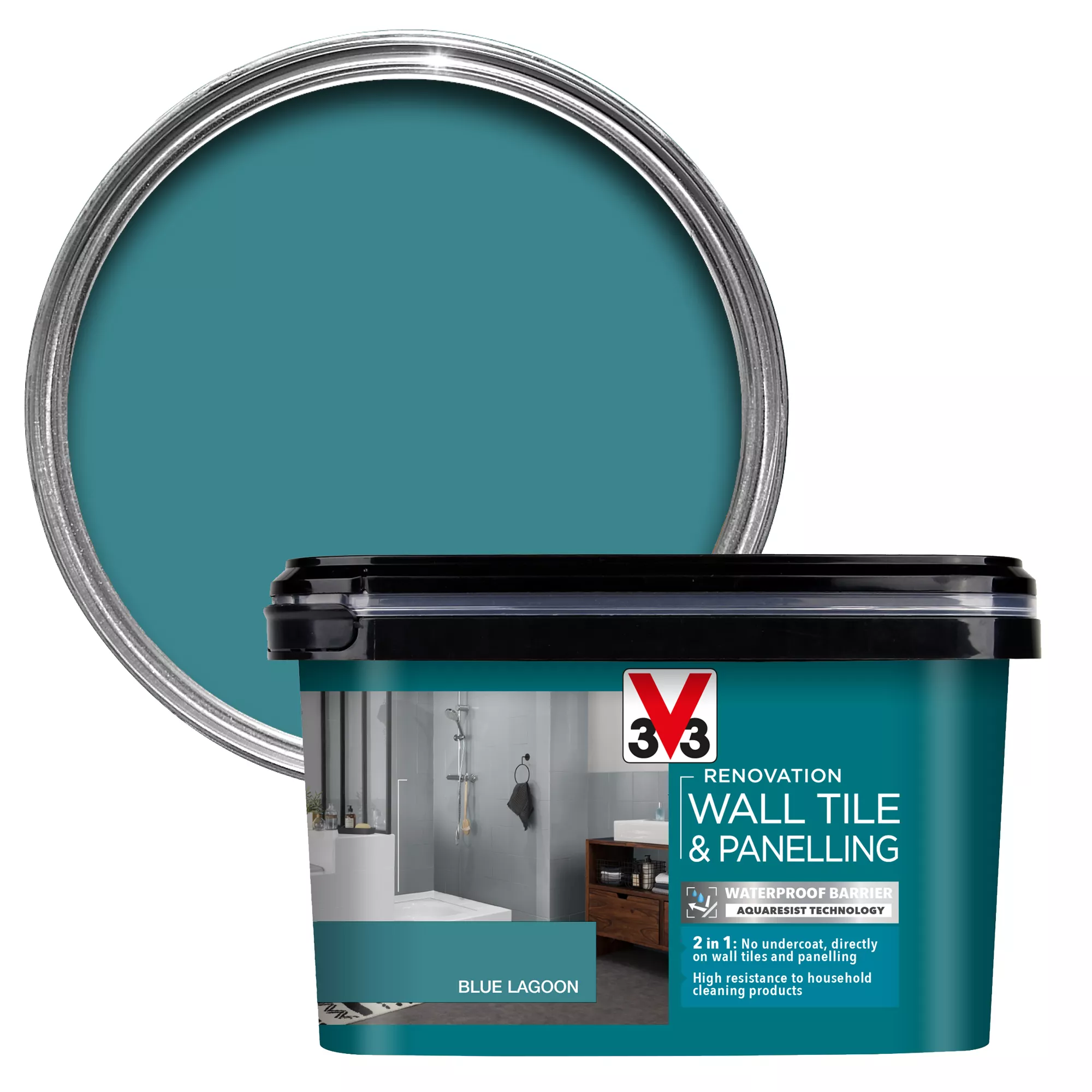 V33 Renovation Blue Lagoon Satinwood Wall Tile & Panelling Paint, 2L 3 V33 Renovation Blue Lagoon Satinwood Wall Tile & Panelling Paint, 2L
