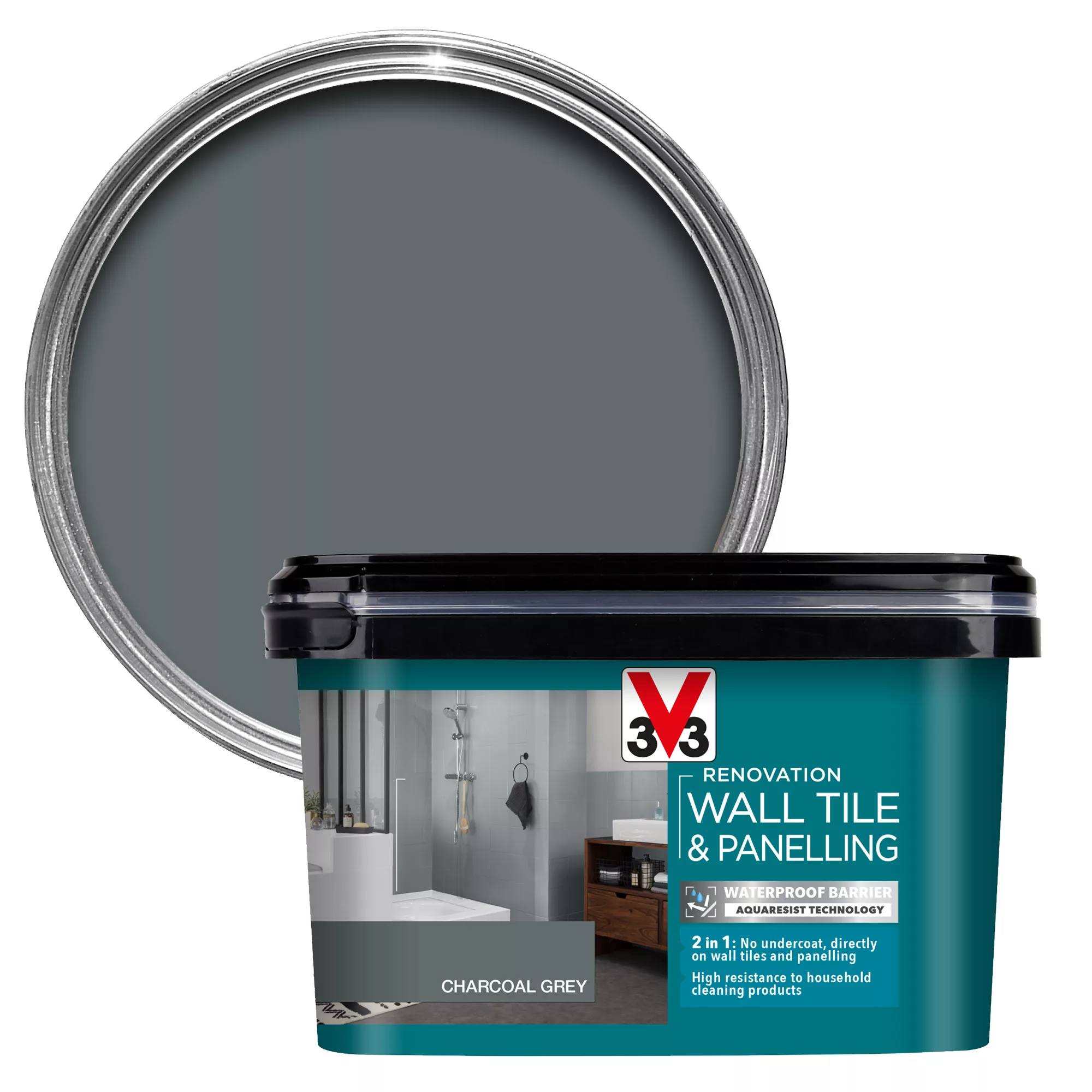 V33 Renovation Charcoal Grey Satin Wall Tile & Panelling Paint, 2L 3 V33 Renovation Charcoal Grey Satin Wall Tile & Panelling Paint, 2L
