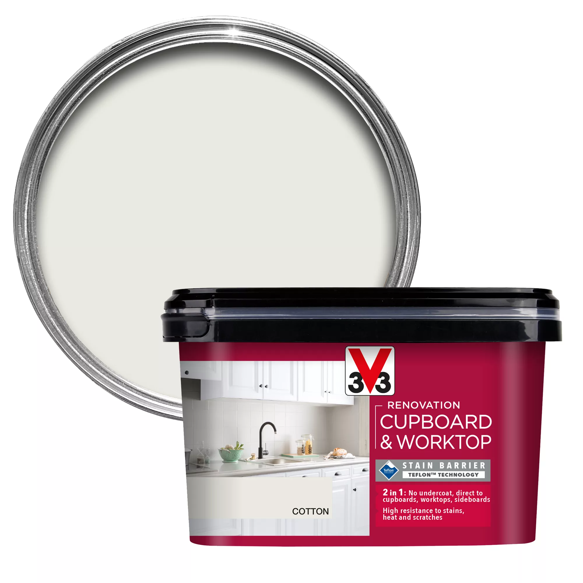 V33 Renovation Cotton Satinwood Cupboard & Cabinet Paint, 2L 3 V33 Renovation Cotton Satinwood Cupboard & Cabinet Paint, 2L