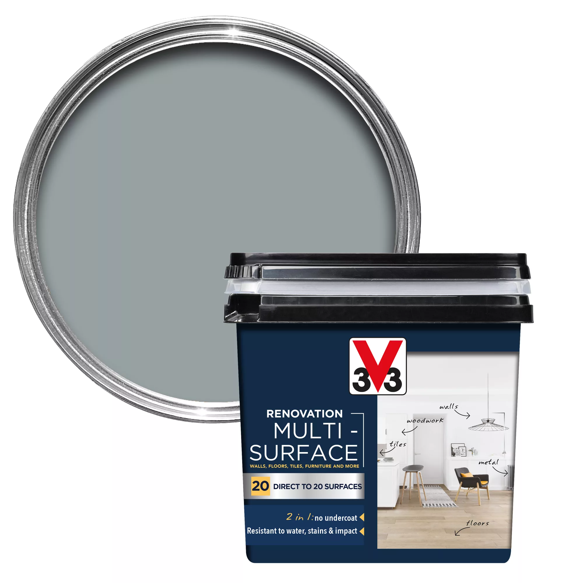 V33 Renovation Pebble Grey Satinwood Multi-surface Paint, 750ml 3 V33 Renovation Pebble Grey Satinwood Multi-surface Paint, 750ml